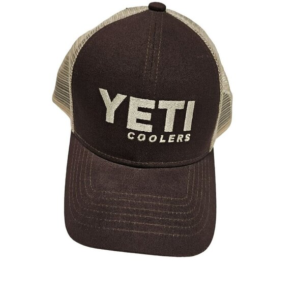 Yeti Coolers Brown & Tan Trucker Hat Adjustable Snapback Mesh Back Cotton Blend - Picture 1 of 9
